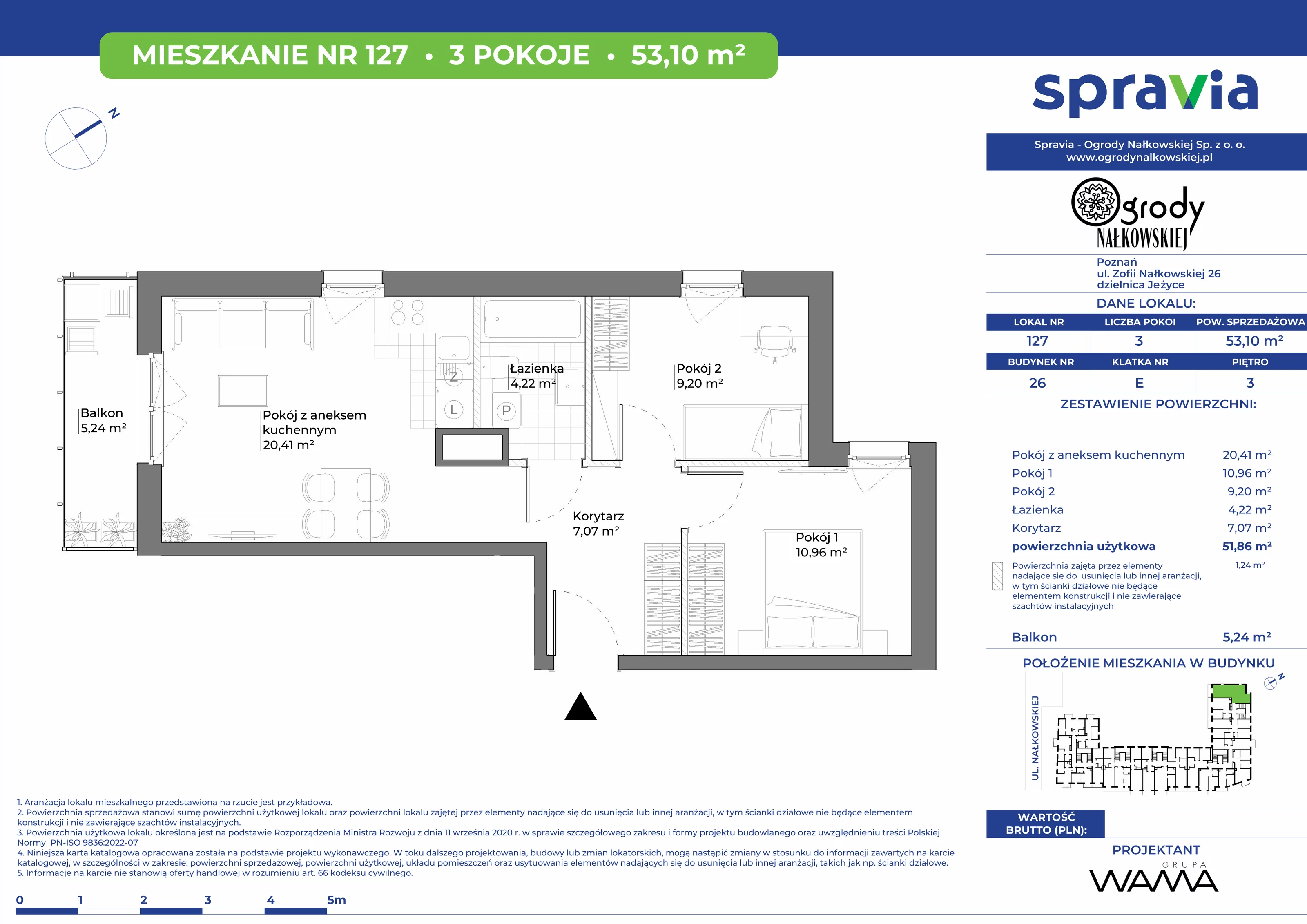 3 pokoje, mieszkanie 53,10 m², piętro 3, oferta nr 26-127, Ogrody Nałkowskiej, Poznań, Ogrody, ul. Nałkowskiej 24, 26